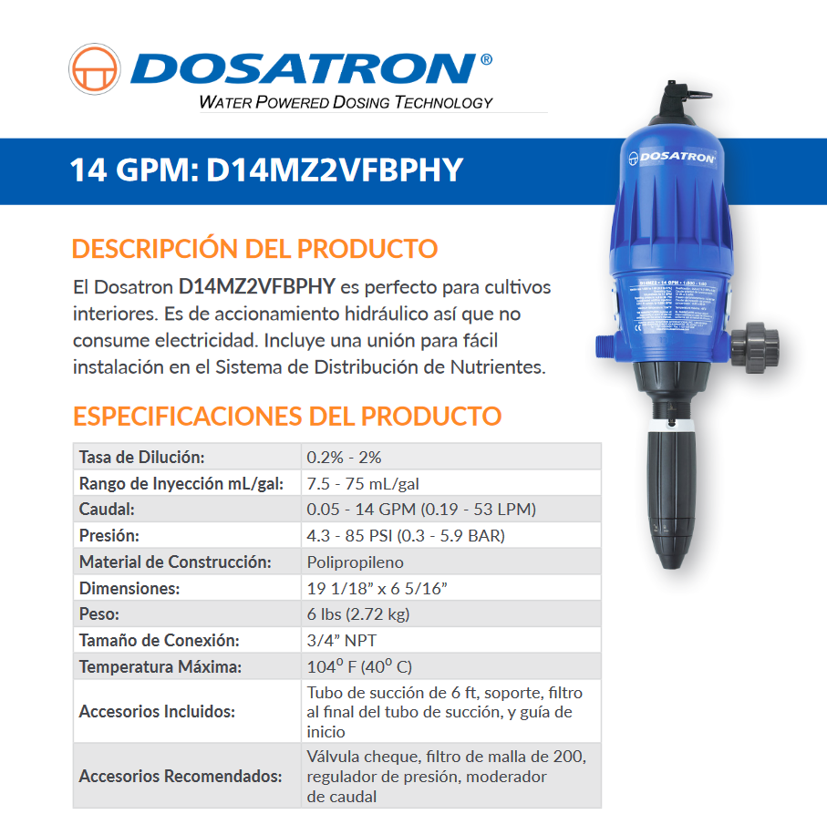 Ficha técnica dosatron dosificador para hidropónico